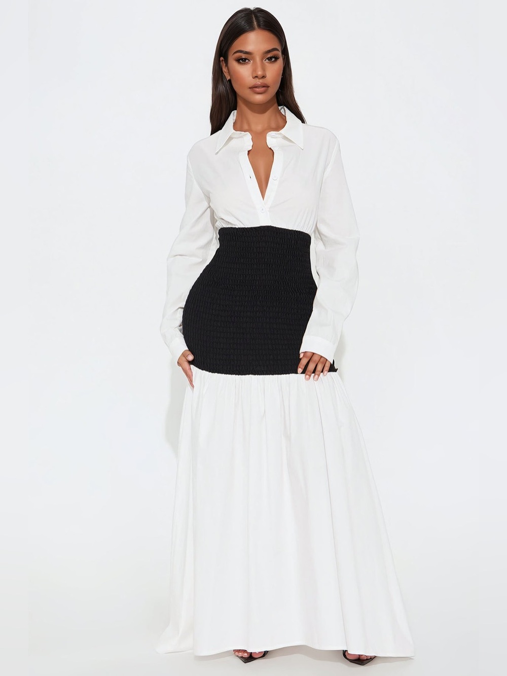 Fashion Nova Olivia Smocked Maxi Shirt Dress - White/Black